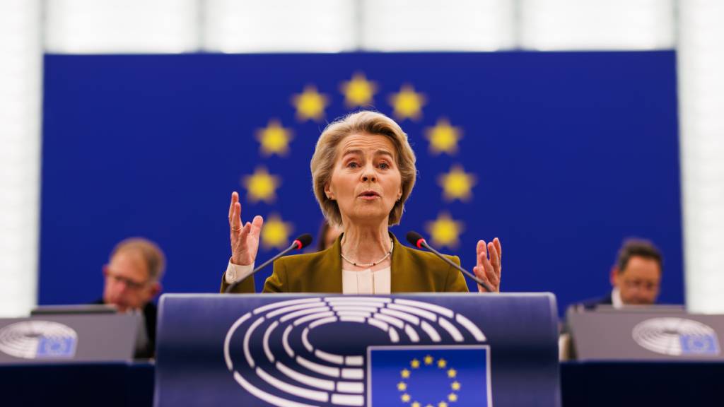 ARCHIV - Ursula von der Leyen (CDU), Präsidentin der Europäischen Kommission, steht im Gebäude des Europäischen Parlaments und spricht. Foto: Philipp von Ditfurth/dpa