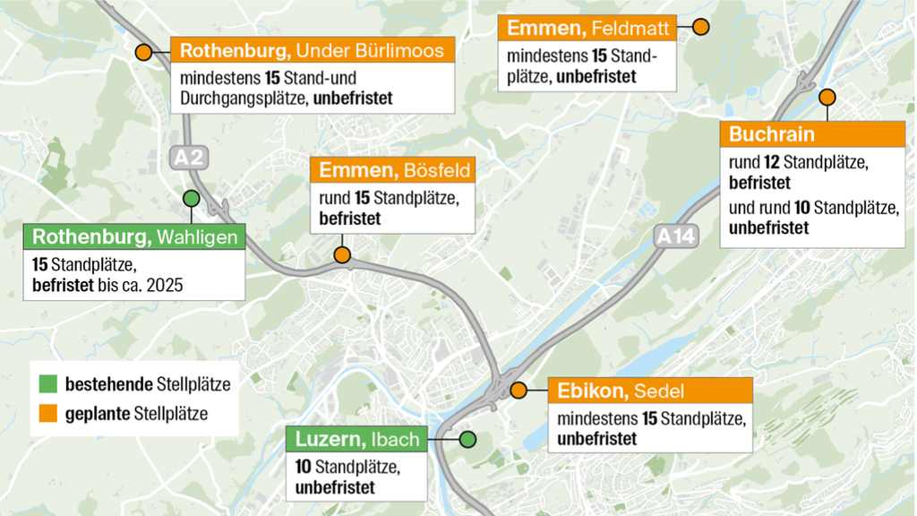 Bestehende und geplante Stellplätze für Fahrende im Kanton Luzern