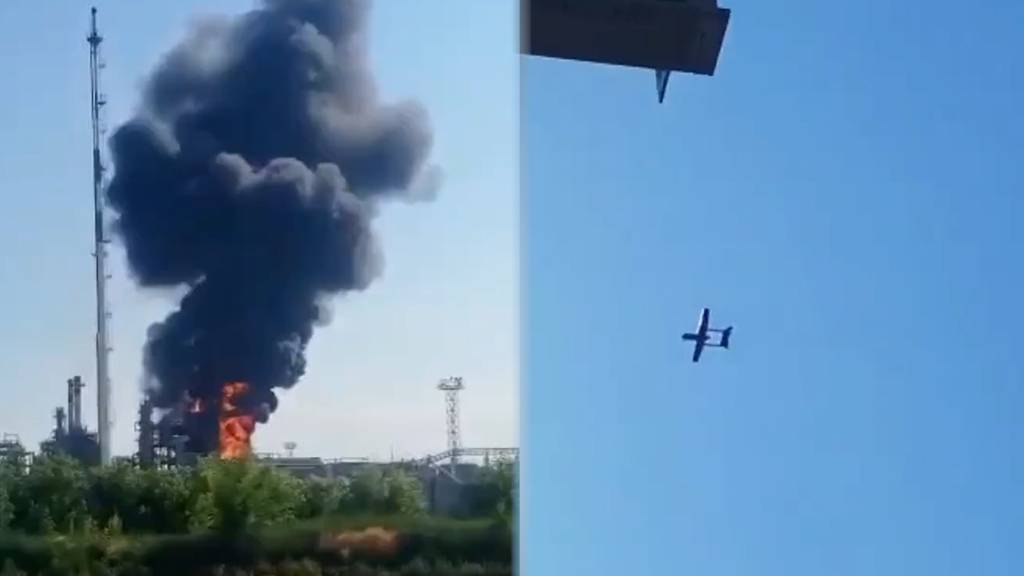 Grossbrand in russischer Raffinerie: Video soll Angriff von ukrainischer Kamikaze-Drohne zeigen