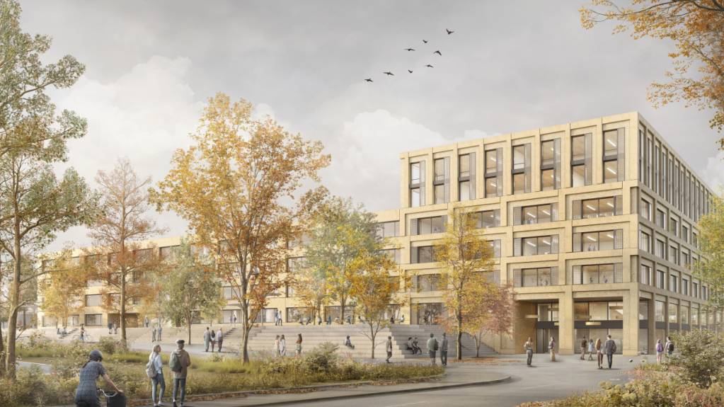 Visualisierung der Aussenansicht der Bildungszentren Gesundheit und Soziales (BBZG) und Wirtschaft, Informatik und Technik (BBZW) am gemeinsamen Standort Sursee.