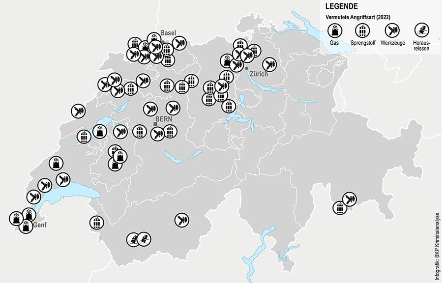 Angriffe auf Geldautomaten Bankomaten in der Schweiz