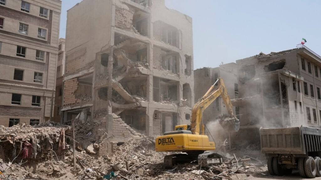 Ein Bagger beseitigt die Trümmer eines zerstörten Gebäudes in Teheran. Foto: Vahid Salemi/AP/dpa
