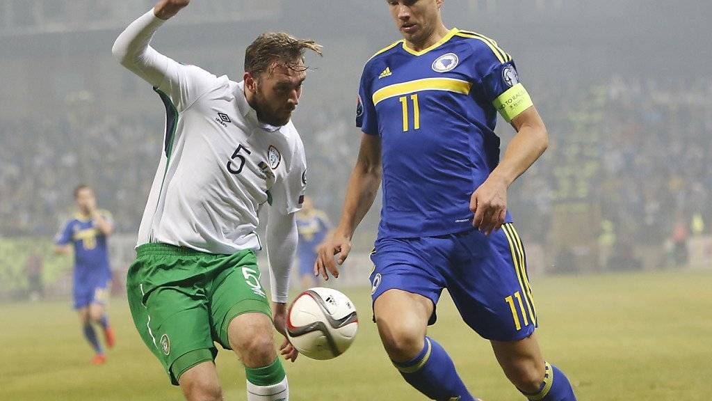 Edin Dezko (rechts) rettet Bosnien-Herzegowina mit seinem Treffer in der 85. Minute im EM-Barage-Hinspiel gegen Irland das 1:1-Remis