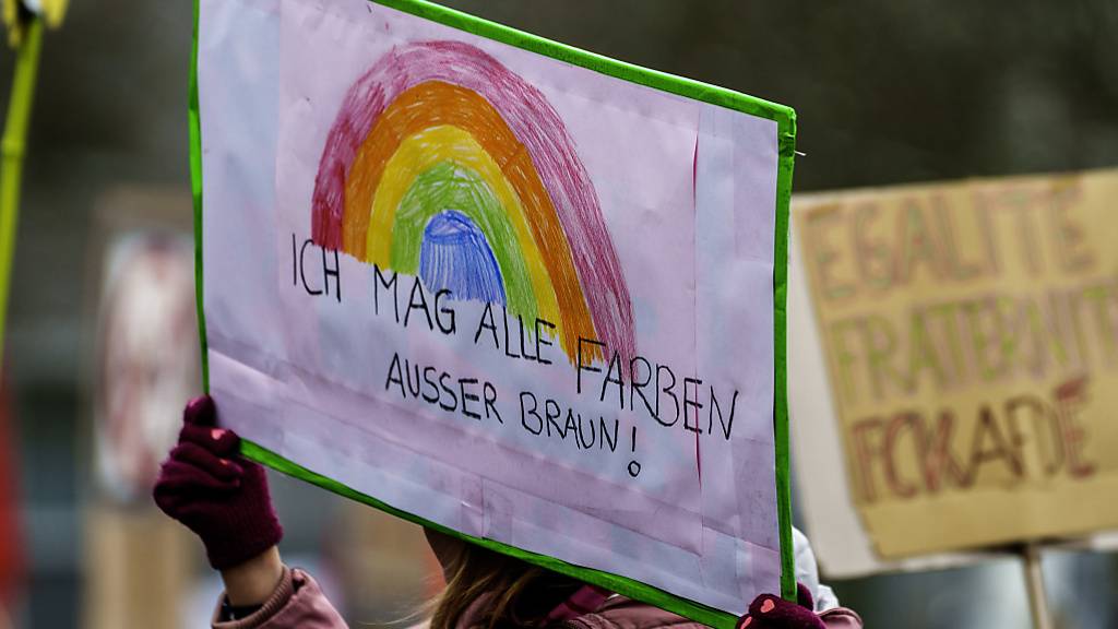 Ein Plakat «Ich mag alle Farben außer Braun!» wird auf einer Kundgebung gegen Rechtsextremismus hochgehalten. Bundesweit demonstrieren Hunderttausende für Zusammenhalt und Toleranz. Foto: Andreas Arnold/dpa