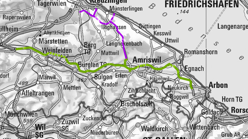 Die Linienführung der beiden neuen Strassen (grün: BTS, violett: OLS)