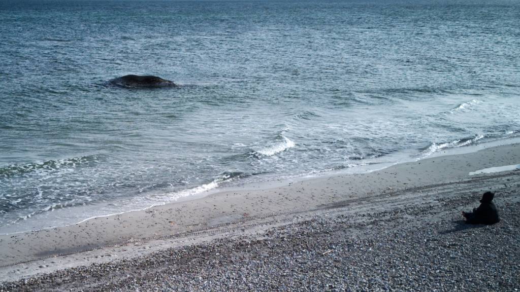 Tierärztin Anne Herrschaft sitzt am Ufer unweit vom toten Buckelwal, der vor der dänischen Insel Anholt liegt. Es handelt sich um den als Timmy bekannten Buckelwal, der Ende März erstmals vor Timmendorfer Strand gestrandet war und rund einen Monat später in die Nordsee transportiert wurde. Foto: Marcus Golejewski/dpa