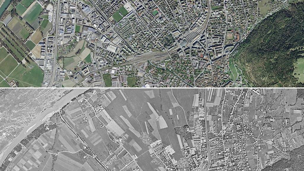 Siedlungen (im Jahr 2014) statt Felder (im Jahr 1946) auch in Chur.