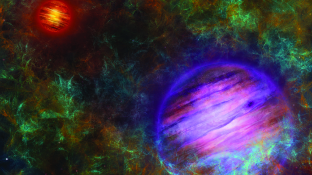 Eine künstlerische Darstellung der zwei Braunen Zwerge: Oph 98 B (lila) und Oph 98 A (rot) umkreisen sich im Sternbild Ophiuchus.
