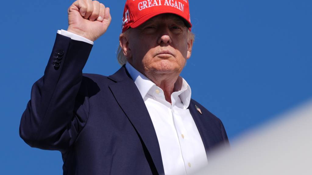 US-Präsident Donald Trump gestikuliert während er am Flughafen Morristown in New Jersey in die Air Force One einsteigt. Foto: Julia Demaree Nikhinson/AP/dpa