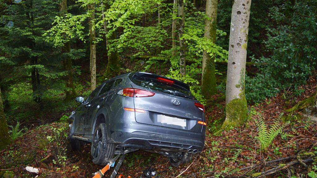 In Hergiswil ist ein Auto von der Strasse abgekommen und landete in einem steilen Waldstück.