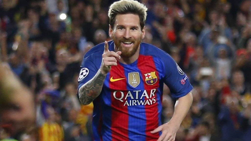 Lionel Messi jubelt über seinen dritten Treffer gegen Manchester City. 4:0 gewann Barcelona das Spitzenspiel in der Champions League