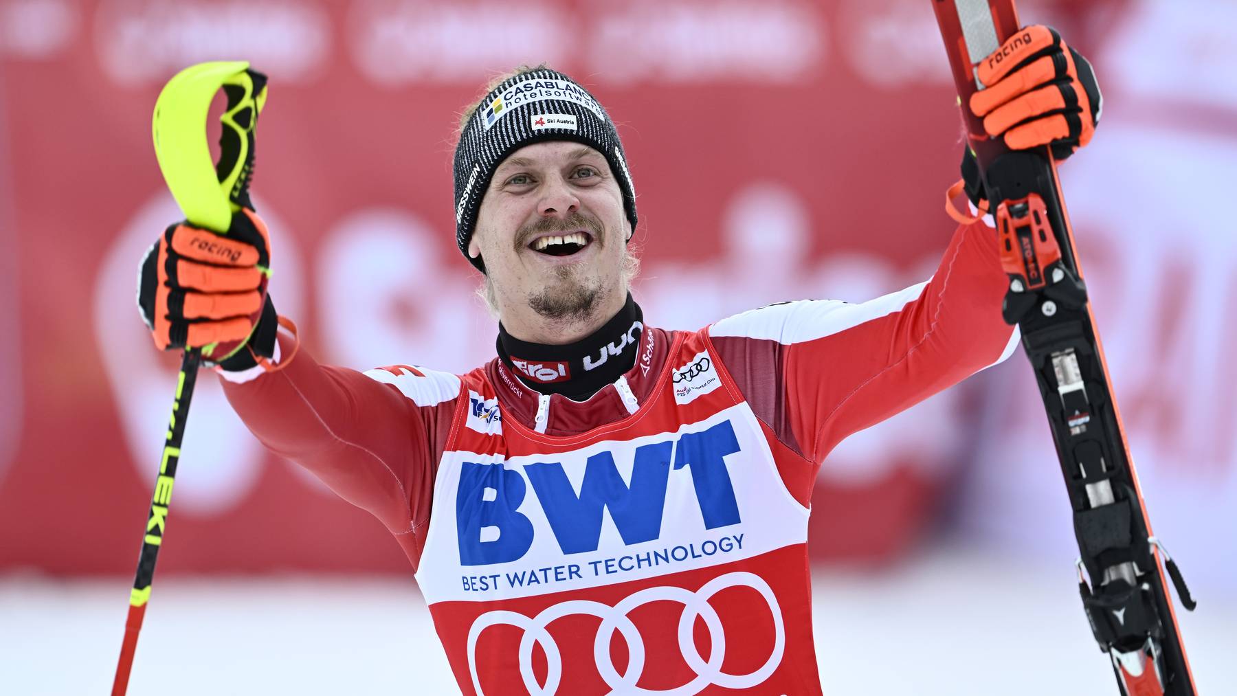 Der Österreicher Manuel Feller gewinnt den Slalom in Wengen am 14. Januar 2024.