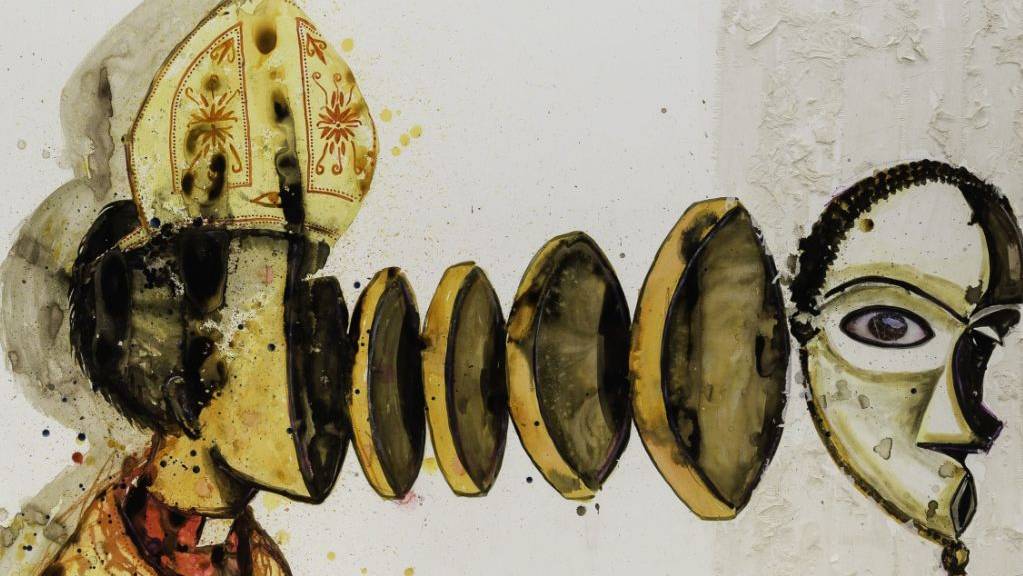 Das Blatt «Papotage» (2016) von Steve Bandoma ist Teil der Ausstellung «Fiktion Kongo - Kunstwelten zwischen Geschichte und Gegenwart» im Museum Rietberg in Zürich. Die Schau dauert vom 22. November 2019 bis 15. März 2020.