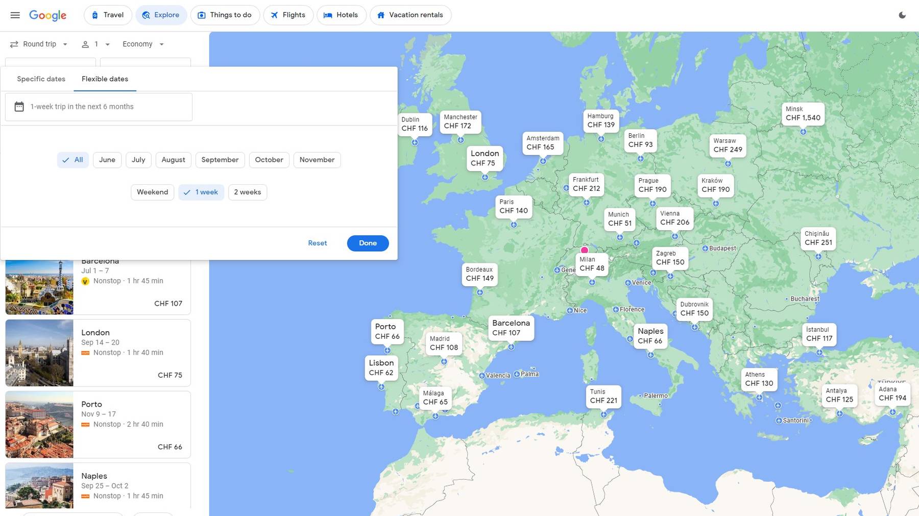 Fliegen via Karte_flexible Daten_Screenshot Google