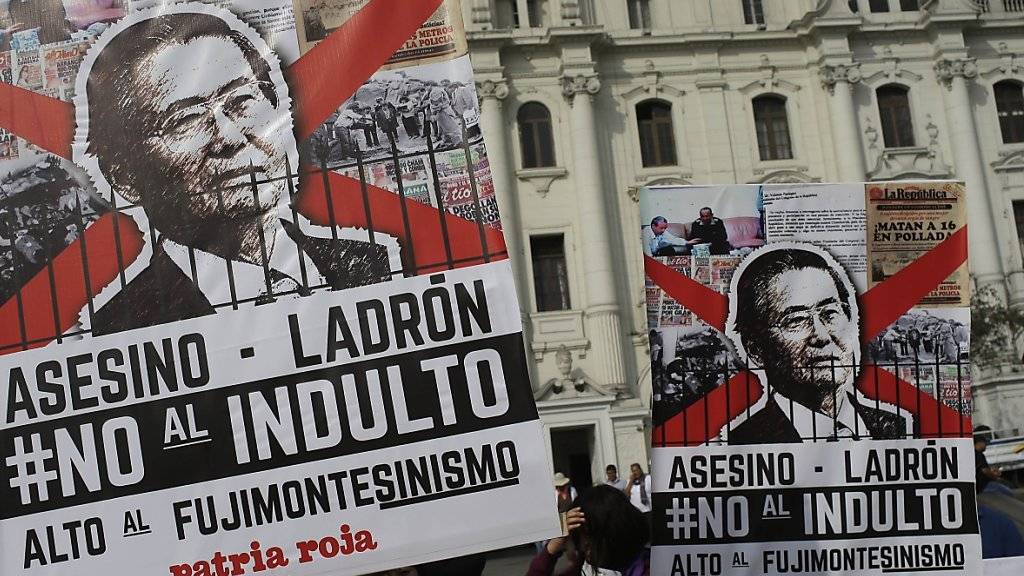 Demonstrierende in Lima mit Plakaten, auf den Fujimori als Mörder und Dieb bezeichnet wird, der keine Begnadigung verdiene