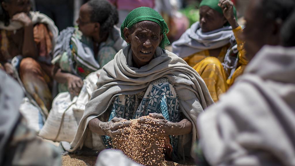 ARCHIV - Eine äthiopische Frau schaufelt Weizenkörner auf, nachdem diese von der «Relief Society of Tigray» im Norden Äthiopiens verteilt wurden. (Archivbild) Foto: Ben Curtis/AP/dpa