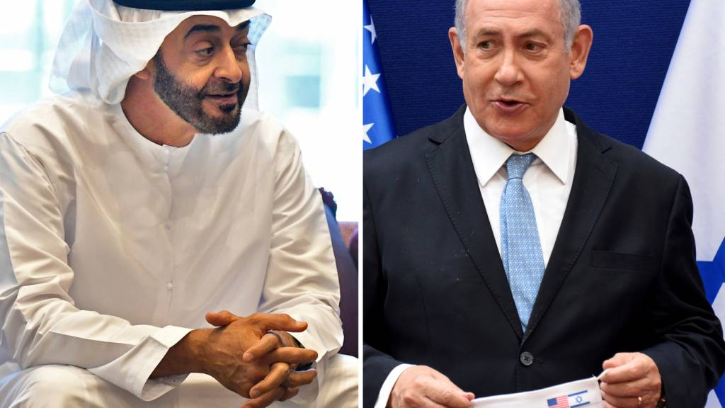 ARCHIV - Die Bildkombination zeigt den Kronprinz der Vereinigten Arabischen Emirate (VAE), Mohammed bin Sajid al-Nahjan, und Benjamin Netanjahu, Ministerpräsident von Israel. Foto: Debbi Hill/Pool UPI/AP/dpa/Archivbilder