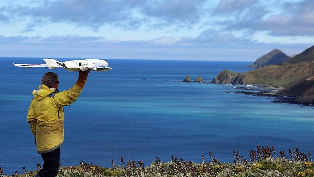 Drohnen als Helfer der Ornithologie: Ökologe Jarrod Hodgson bereitet den Start einer Drohne vor, um Vogelbestände auf Macquarie Island in Australien zu zählen.