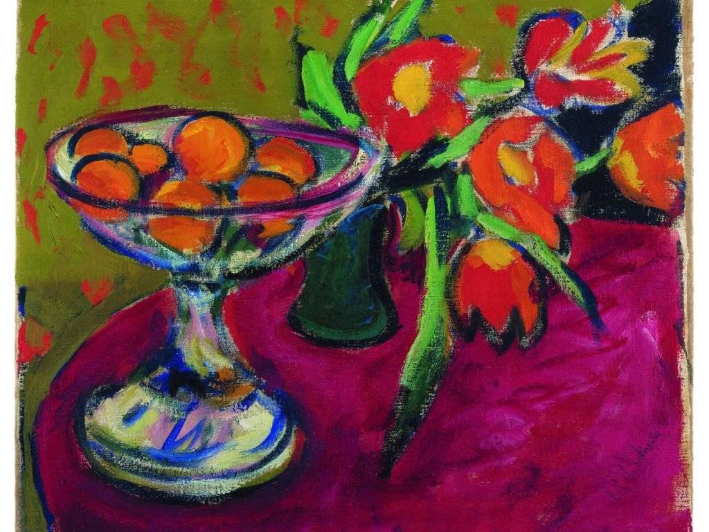 Ernst Ludwig Kirchners «Stillleben mit Orangen und Tulpen» (1909) ist eines der Exponate der Ausstellung "Kirchner, Léger, Scully & mehr“ in Vaduz, die wegen grosser Nachfrage um ein Jahr verlängert wird. (zVg, Ausschnitt)