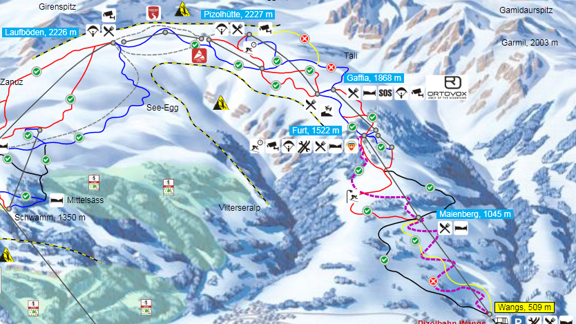 Pink gekennzeichnet ist die Schlittelpiste im Skigebiet Pizol. (Bild: Screenshot infosnow.ch)