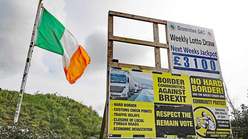 ARCHIV - Eine irische Fahne und Anti-Brexit-Schilder stehen in einem Dorf an der Grenze zwischen Dundalk in der Republik Irland und Newry in Nordirland. Foto: Niall Carson/PA Wire/dpa