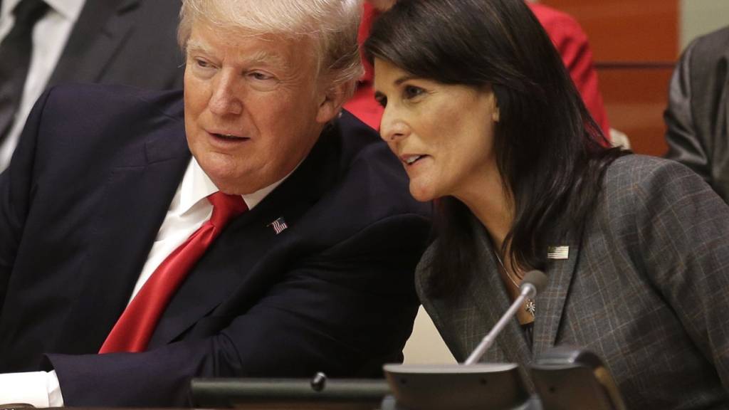 ARCHIV - US-Präsident Donald Trump (l) und die Botschafterin der USA bei den UN, Nikki Haley, sprechen bei einem Treffen, im Vorfeld der UN-Generaldebatte im September 2017. Foto: Seth Wenig/AP/dpa