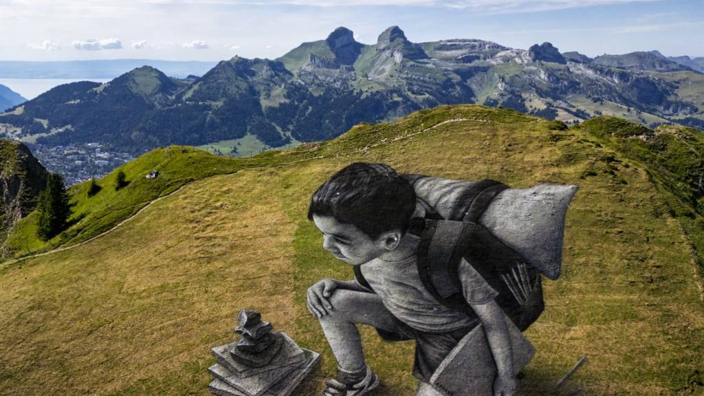 Saypes jüngstes Werk «Vers l'horizon» zeigt einen Jungen, der wirkt, als würde er sich gerade auf ein Abenteuer einlassen. (KEYSTONE/Jean-Christophe Bott)