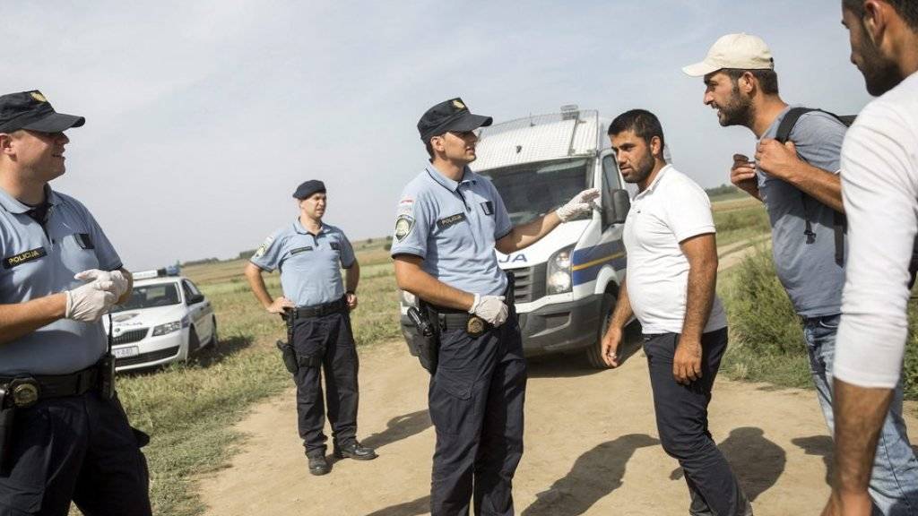 Kroatische Polizisten greifen Flüchtlinge an der Grenze zu Serbien auf.
