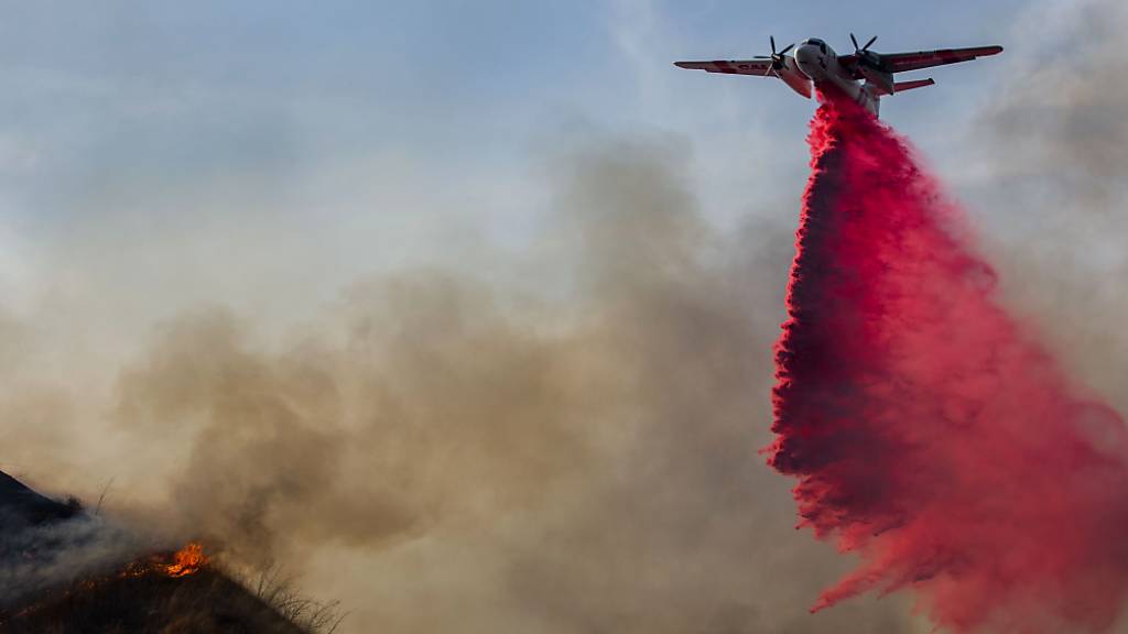 Gegen den Waldbrand im Moreno Valley wird mit Hilfe eines Löschflugzeugs angegangen.
