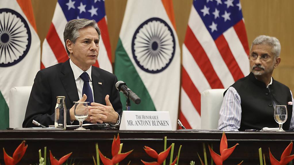 Subrahmanyam Jaishankar (r), Außenminister von Indien, und Antony Blinken, Außenminister der USA, während einer gemeinsamen Pressekonferenz. Foto: Jonathan Ernst/POOL Reuters/AP/dpa