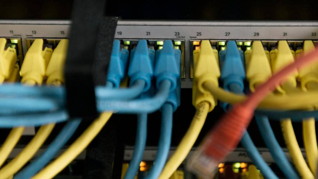 Ein Switch mit gelben und blauen Netzwerkkabeln in den Räumlichkeiten von Wisekey in Genf (Archivbild)