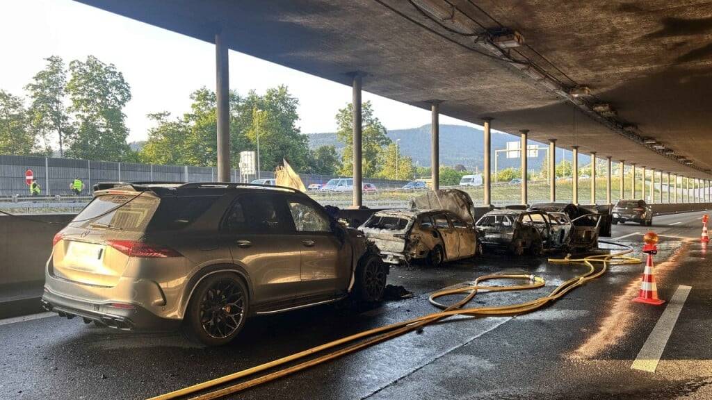 Wegen der brennenden Autos mussten vier Personen wegen des Verdachts auf Rauchgasvergiftung ins Spital eingeliefert werden.