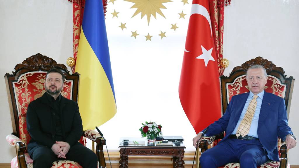 HANDOUT - Der türkische Präsident Recep Tayyip Erdogan (r) und der ukrainische Staatschef Wolodymyr Selenskyj während ihres Treffens in Istanbul. Foto: Turkish Presidency/Turkish Presidency/AP/dpa - ACHTUNG: Nur zur redaktionellen Verwendung im Zusammenhang mit der aktuellen Berichterstattung und nur mit vollständiger Nennung des vorstehenden Credits