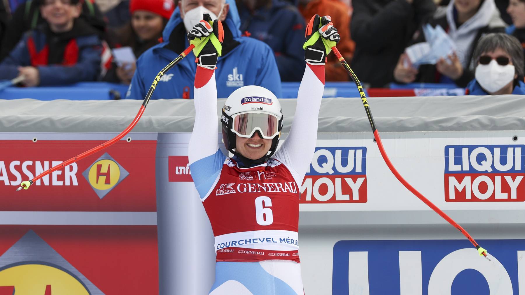 Switzerland's Joana Haehlen reacts in the finish area of an alpine ski, women's World Cup Finals downhill, in Courchevel, France, Wednesday, March 16, 2022. Hählen