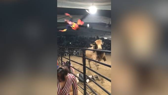 Stier schmeisst Cowboy in hohem Bogen aus der Rodeo-Arena