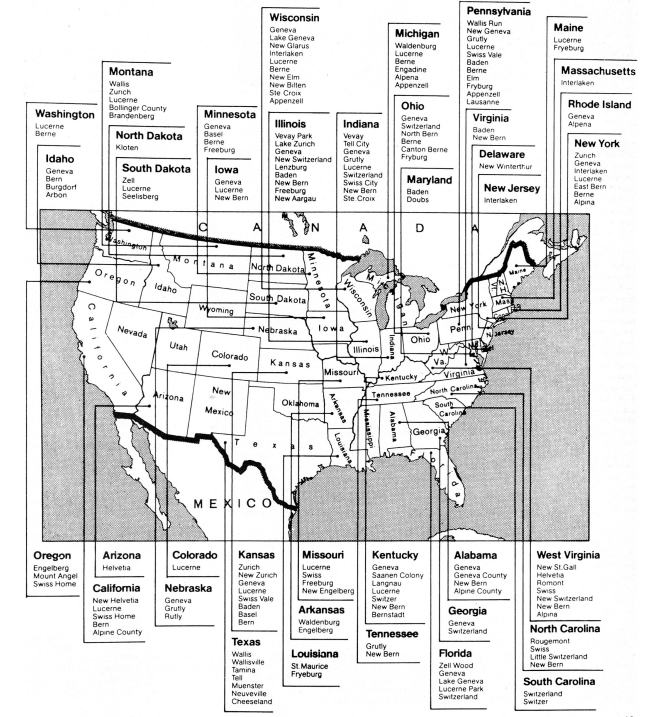 Karte Amerika mit Schweizer und Aargauer Orten