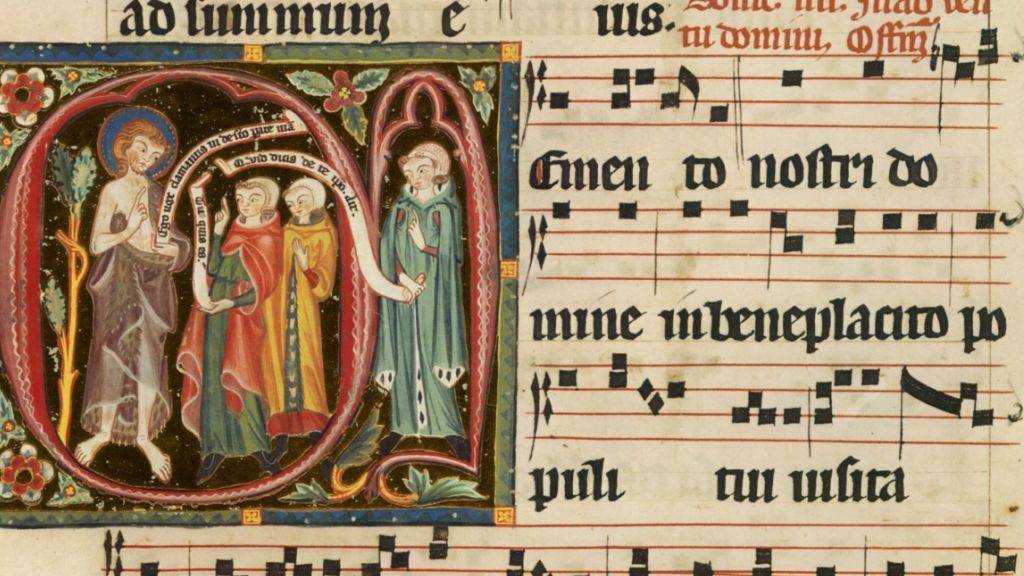 Ausschnitt aus dem reich verzierten spätgotischen Choralbuch Graduale des Klosters St. Katharinental bei Diessenhofen TG.