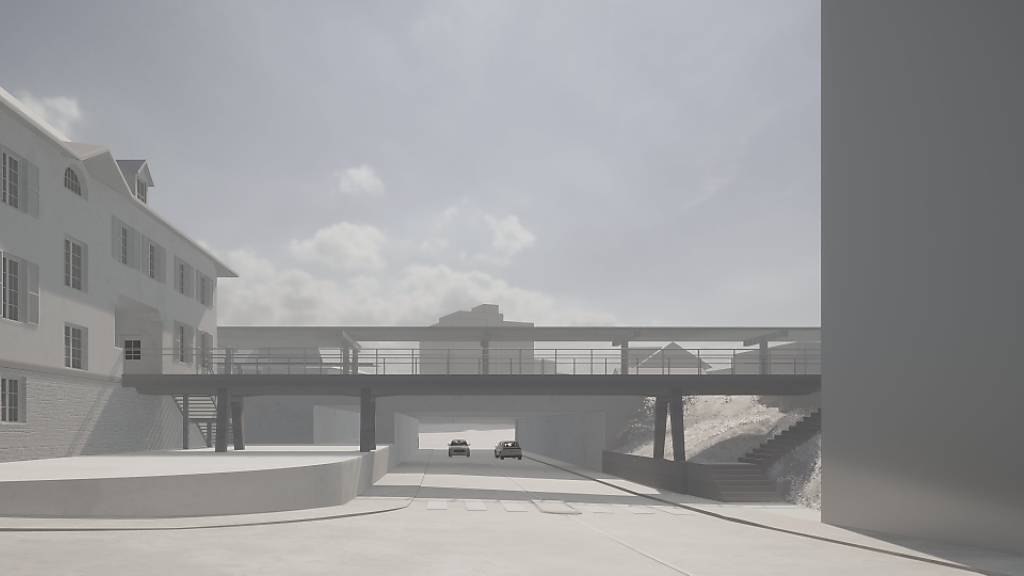 Eine Visualisierung zeigt, wie, die neue Passerelle beim Bahnhof Thun von der Frutigenstrasse aus betrachtet aussehen soll.