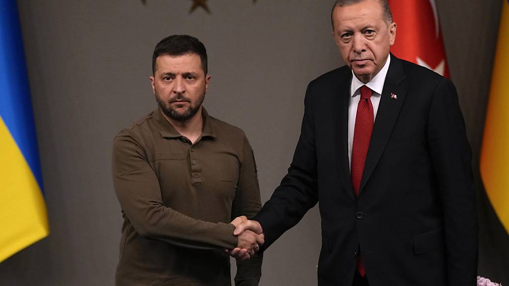 ARCHIV - Recep Tayyip Erdogan (r), Präsident der Türkei, schüttelt die Hand von Wolodymyr Selenskyj, Präsident der Ukraine. Foto: Francisco Seco/AP/dpa