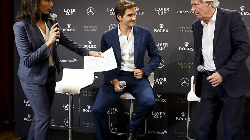 Roger Federer (Bildmitte) bei der Präsentation des Laver Cups 2019 in Genf