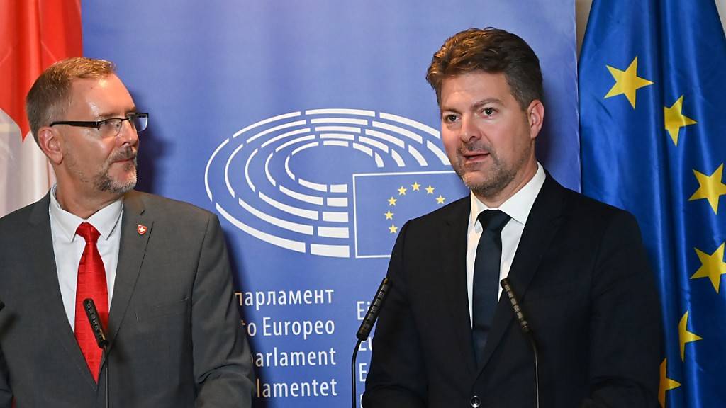 Die beiden Delegationsleiter in Strassburg vor den Medien: der Zürcher FDP-Nationalrat Hans-Peter Portmann (links) und sein EU-Kollege, der deutsche CDU-Politiker im EU-Parlament, Andreas Schwab.
