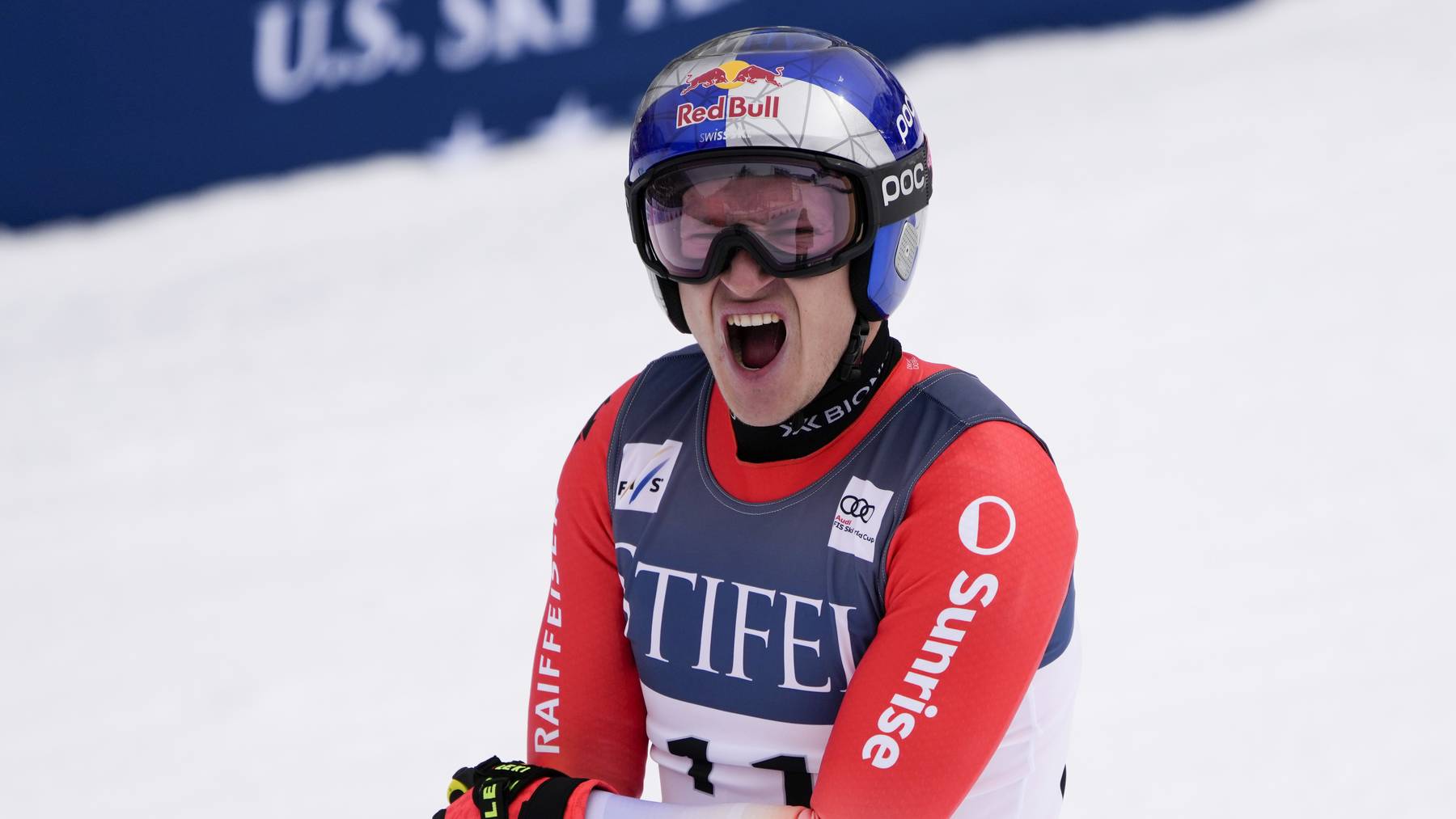 Switzerland's Marco Odermatt celebrates after finishing his run during a men's World Cup downhill skiing race Saturday, March 4, 2023, in Aspen, Colo.