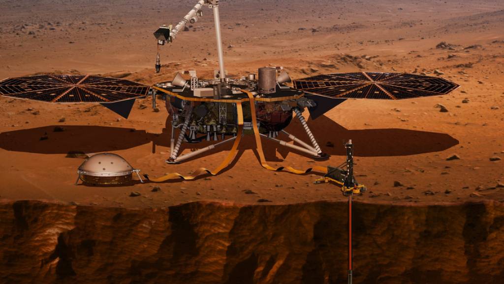 Der Mars-Lander Insight - im Bild eine künstlerische Darstellung - registriert derzeit erhöhte Bebenaktivität. InSight ist die Abkürzung für Interior Exploration using Seismic Investigations, Geodesy and Heat Transport (Nasa).