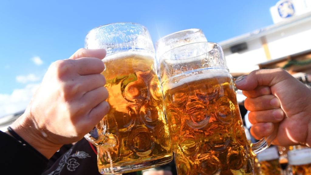 ARCHIV - Besucher stoßen auf dem Oktoberfest mit Maßkrügen voller Bier an. Foto: Felix Hörhager/dpa/Archiv
