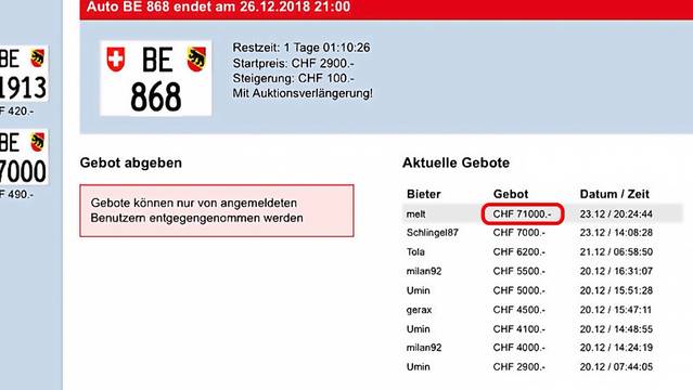 71'000 Franken für Nummernschild: Tippfehler anerkannt