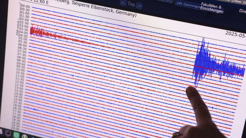 ARCHIV - Eine Mitarbeiterin der TU Bergakademie Freiberg zeigt im Datenzentrum Sachsennetz die seismischen Messwerte der Erdbebenmessstation Eibenstock. Foto: Jan Woitas/dpa/Archivbild