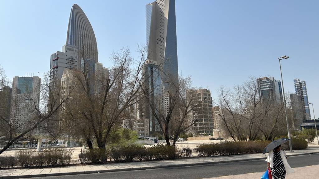 ARCHIV - Eine Frau geht an verdorrten Bäumen vor den Wolkenkratzern in der Innenstadt von Kuwait-Stadt vorbei. Foto: Johannes Sadek/dpa