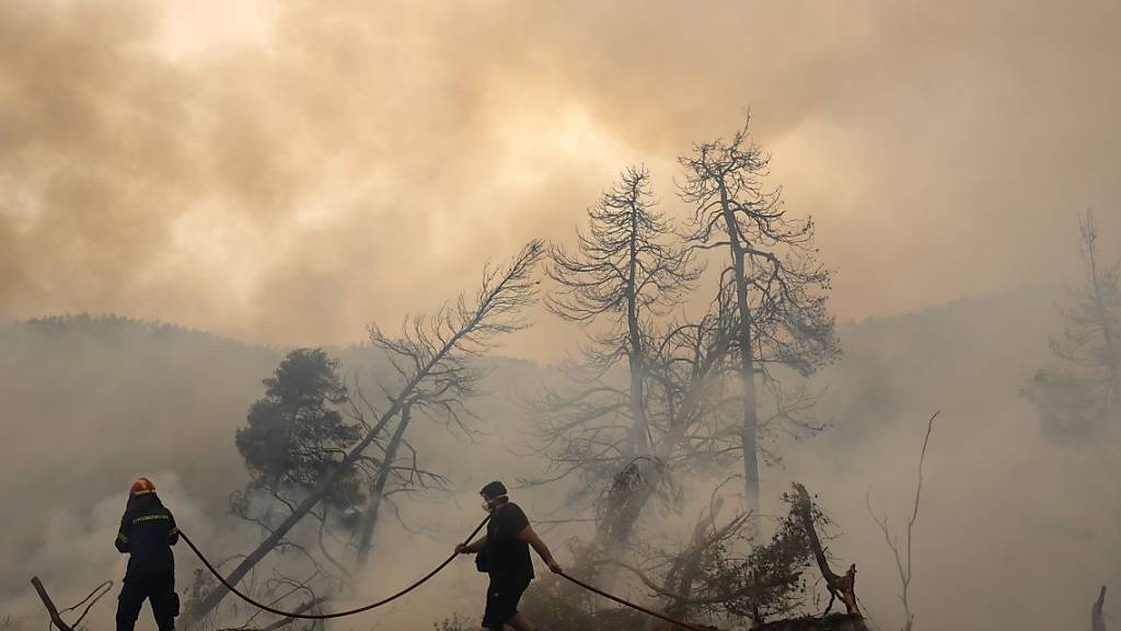 Zwei Männer versuchen im Dorf Ellinika auf der Insel Euböa die Flammen zu löschen. Nach über einer Woche Kampf gegen unzählige Großbrände im ganzen Land hat sich die Situation in Griechenland am Montag vorerst leicht entspannt. Doch die Gefahr ist nicht gebannt. Foto: Petros Karadjias/AP/dpa