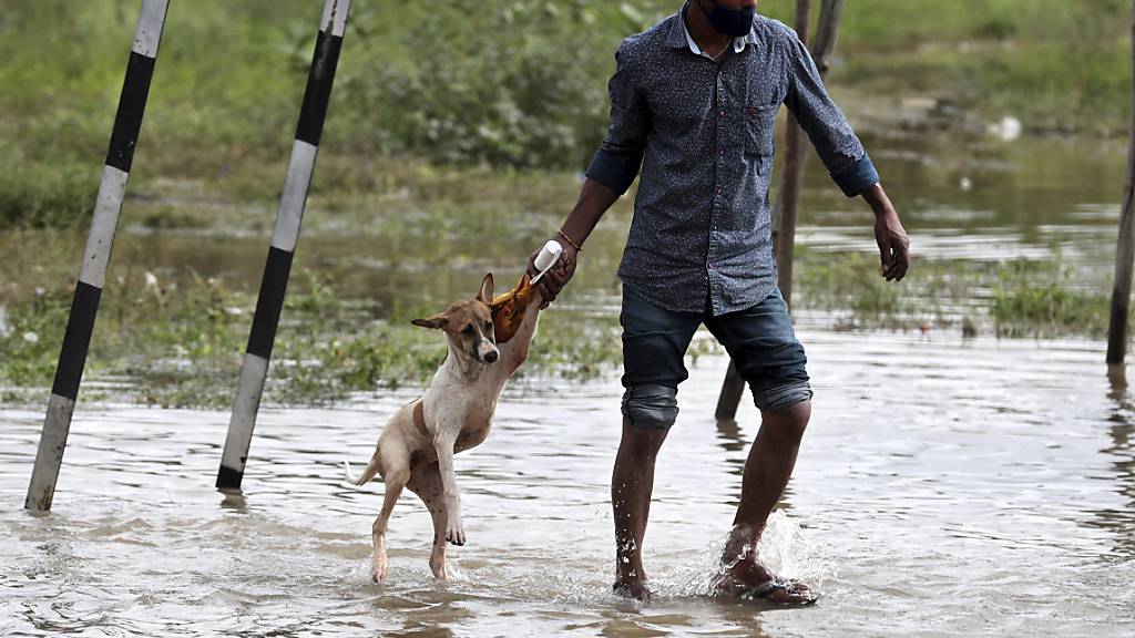 Ein Mann hilft einem Hund über eine überschwemmte Straße. Die Wettervorhersage des indischen Wetterdiensts meldet für die kommenden Tage für die südlichen Bundesstaaten ausgedehnte Regenfälle an. Foto: Aijaz Rahi/AP/dpa