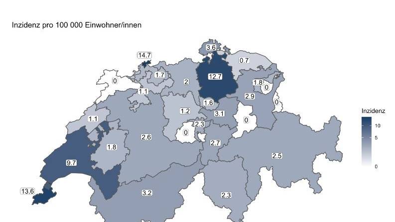 Geographische Verteilung der laborbestätigten Affenpocken-Fälle in der Schweiz. (Fälle pro 100 000 Einwohner/-innen)
